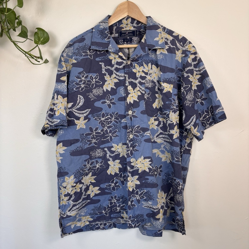 Vintage Polo Sport Ralph Lauren Shirt Mens L Blue Floral Hawaiian Aloha Cotton